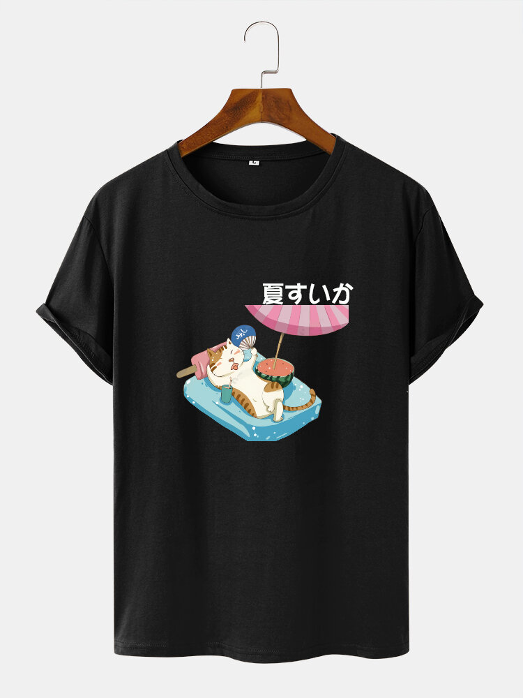 Mens Cartoon Cat Character Print Crew Neck Short Sleeve T-Shirts