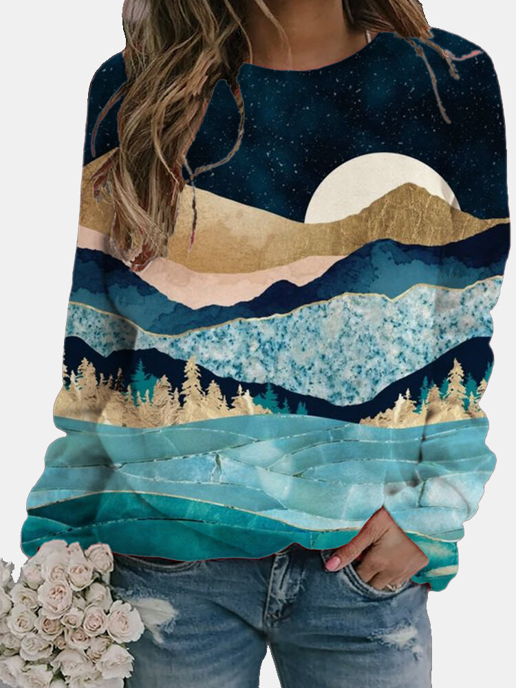 Casual Landscape Printed Long Sleeve O-neck Blouse For Women