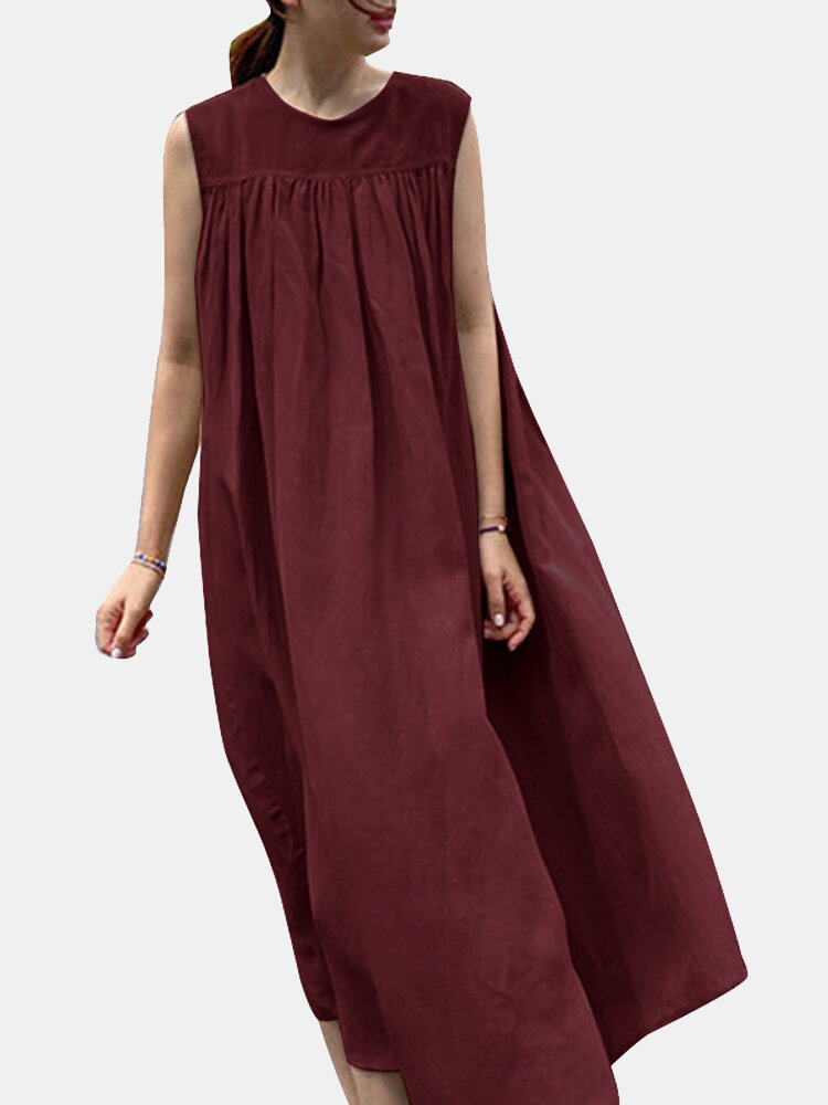 Solid Ruched Sleeveless Round Neck Casual Midi Dress