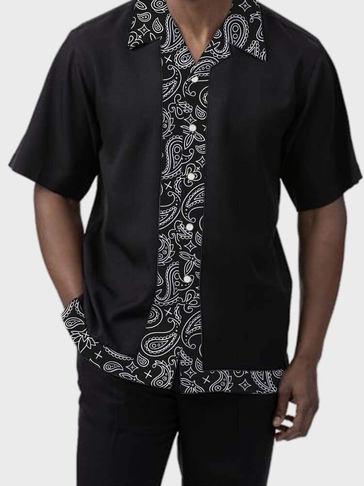 

Mens Ethnic Paisley Print Patchwork Revere Collar Short Sleeve Shirts, Black