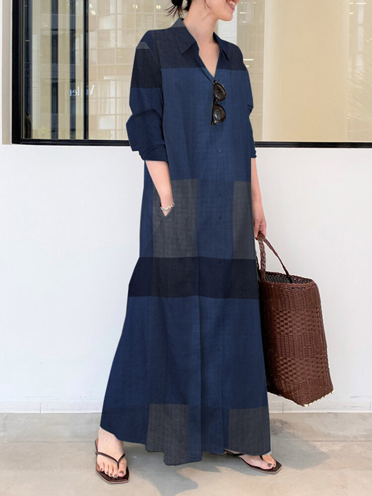 Plaid Stand Collar Long Sleeve Pocket Vintage Long Maxi Dress