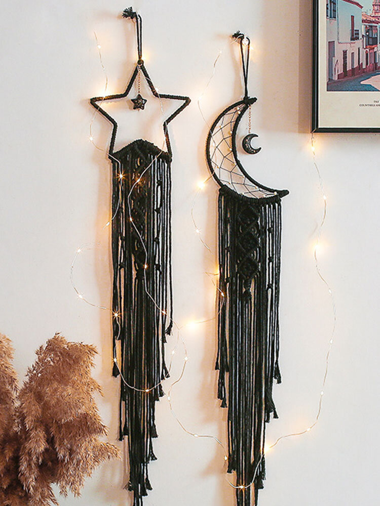 1PC Cotton Black Moon Star Pattern Hand Woven Wall Hangings Ornament Home Decoration