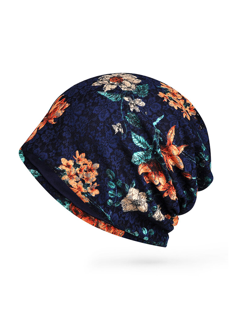Women Cotton Thin Soft Flower Print Beanie Hat Outdoor Casual Windproof Hat