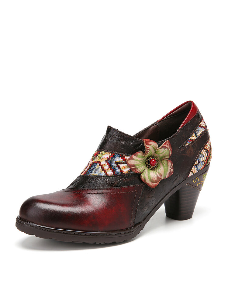 

SOCOFY Vintage Flowers Splicing Genuine Leather Round Toe Chunky Heel Ankle Zipper Heels, Red