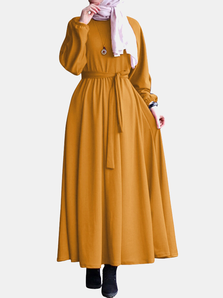 Solid Color Tie Waist Long Sleeve Casual Maxi Dress For Women
