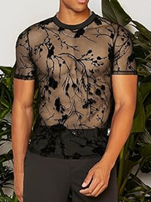 Camiseta masculina floral em malha jacquard transparente