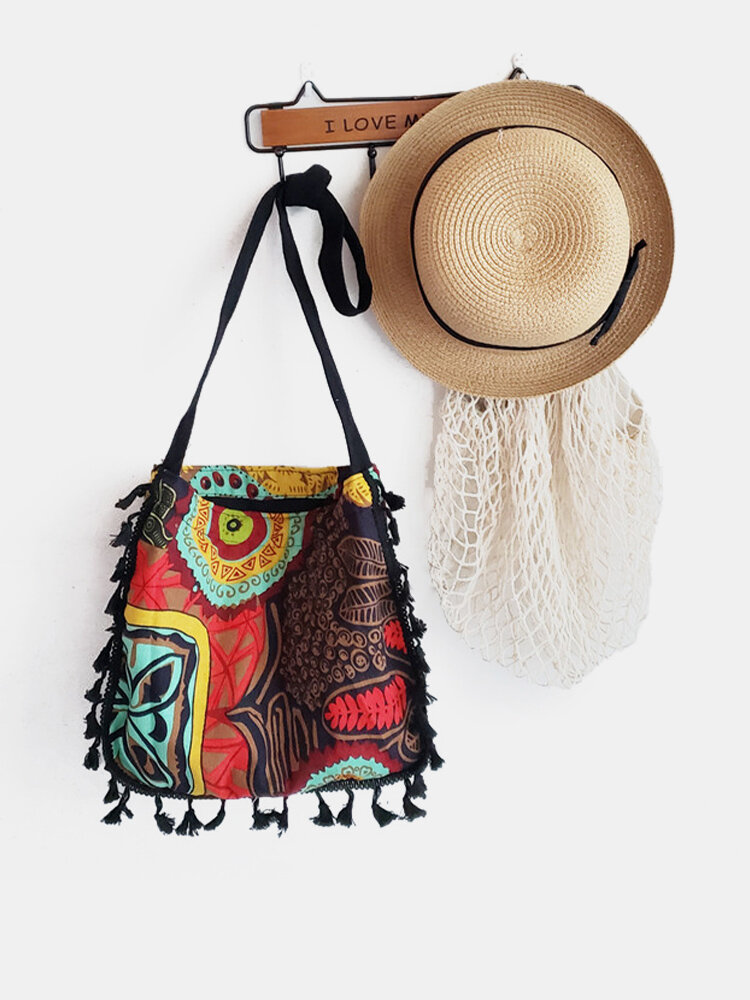 Women Dacron Bohemian Ethnic Pattern Tassel Design Crossbody Bag Large Capacity Non-adjusted Straps  Shoulder Bag