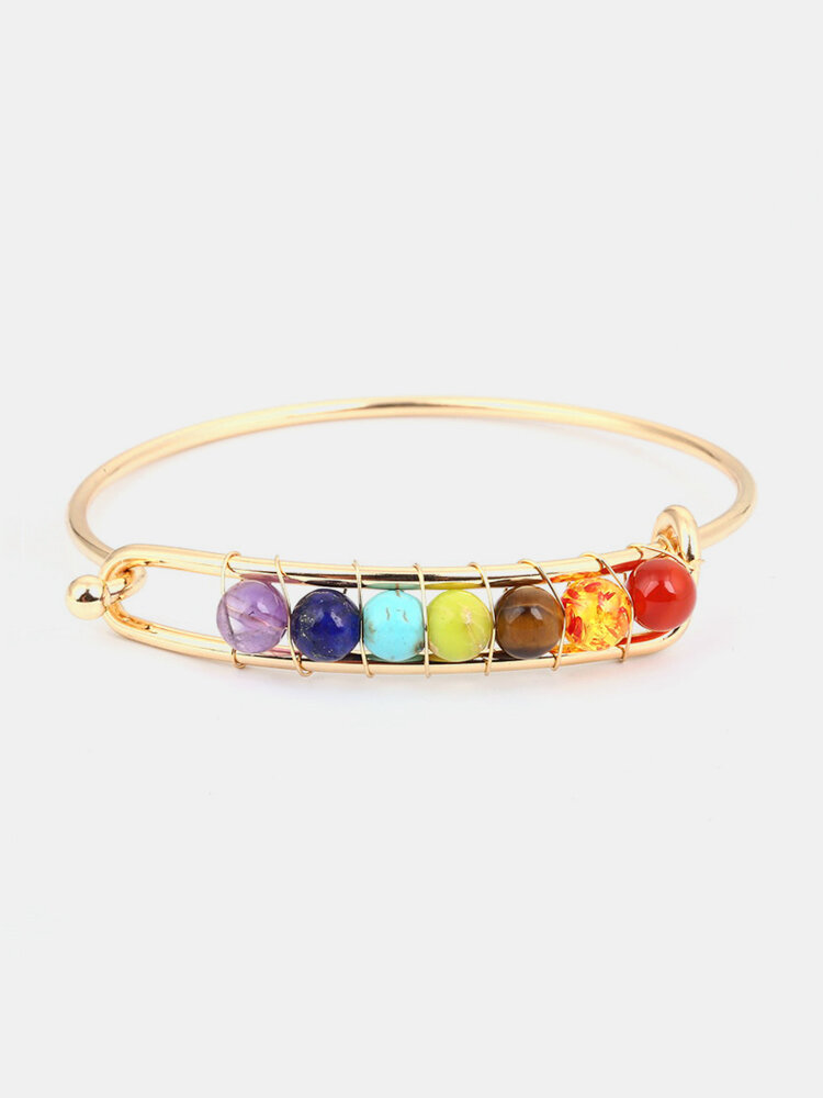 

Yoga Balance 7 Chakra Colorful Beads Ball Crystal Bangle Gold Friendship Bracelet for Women, Gold;silver