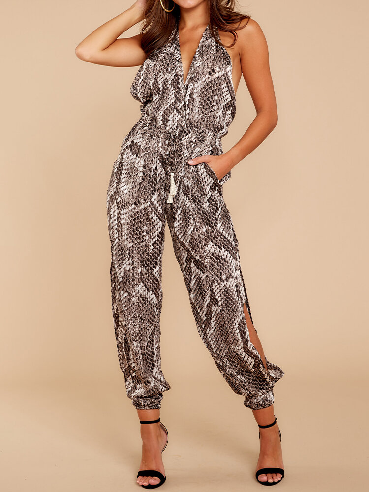 Snake Print Button Hollow V-neck Casual Long Jumpsuit for Women