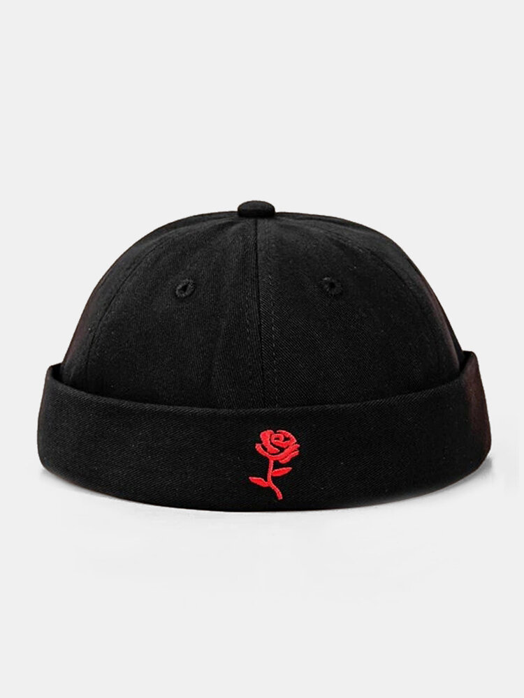 Collrown Unisex Polyester Cotton Red Rose Embroidery All-match Adjustable Brimless Beanie Landlord Caps Skull Caps