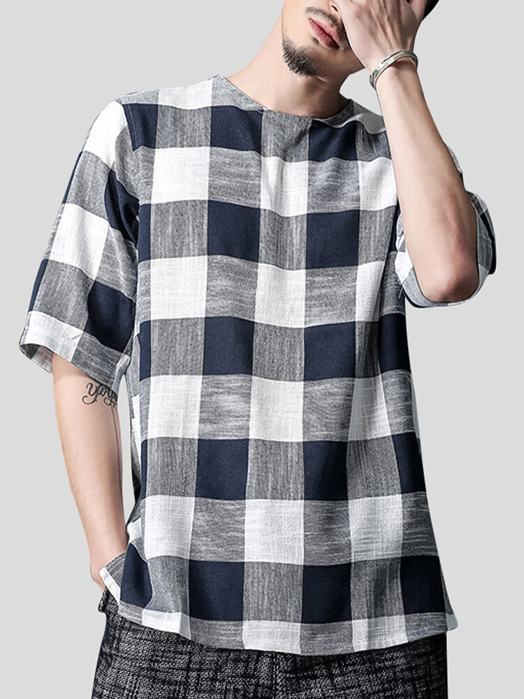 Mens Cotton Casual Breathable Thin Check Printed T-Shirts