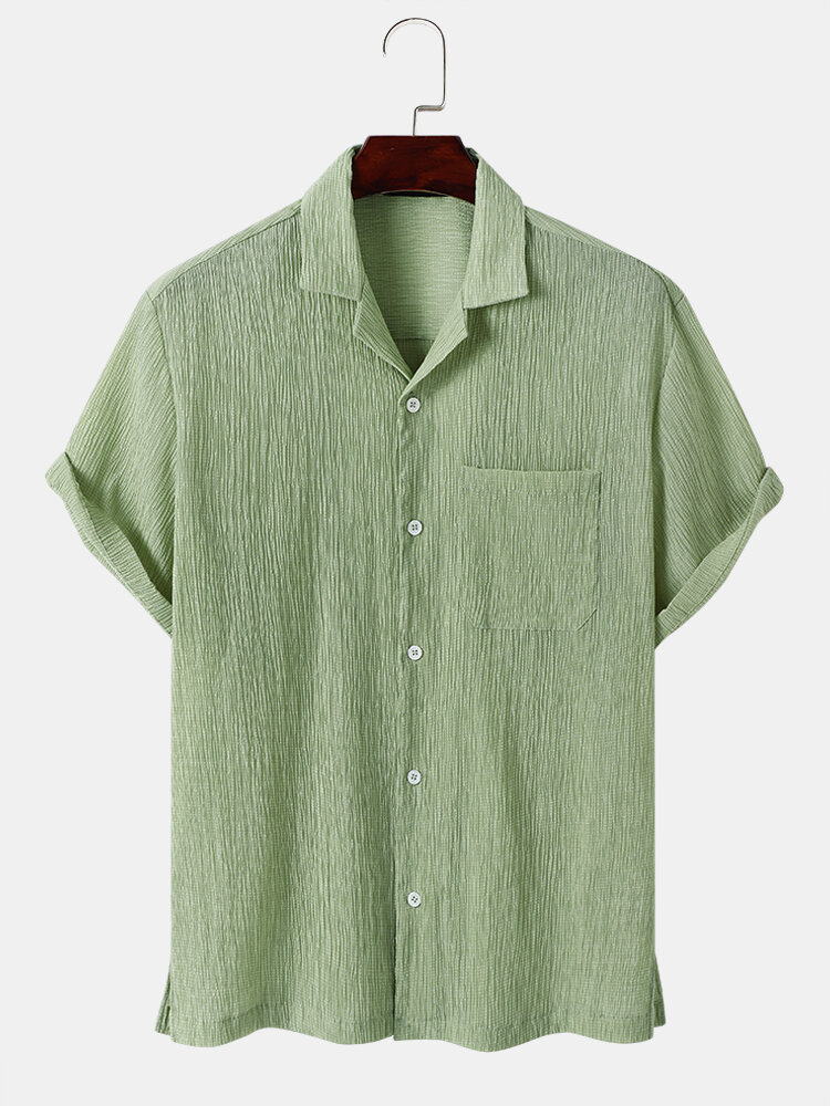 Mens Textured Revere Collar Side Split Daily Short Sleeve Shirts