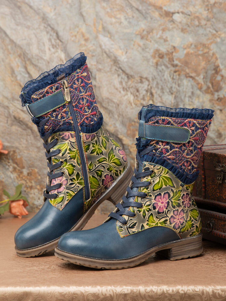 SOCOFY Elegant Ruffle Flowers Embossed Genuine Leather Stitching Embroidered Comfy Short Boots