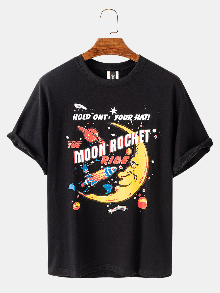Mens Moon Rocket Graphic Printed Short Sleeve Round Neck T-shirt
