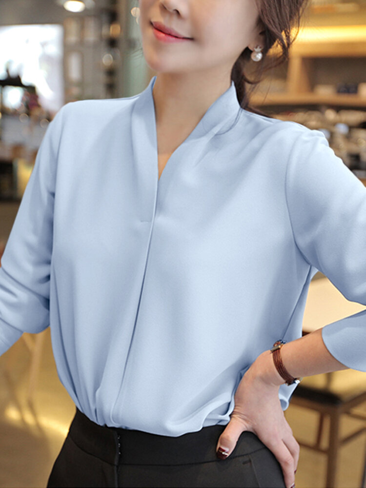 Solid Long Sleeve V-neck Blouse For Women
