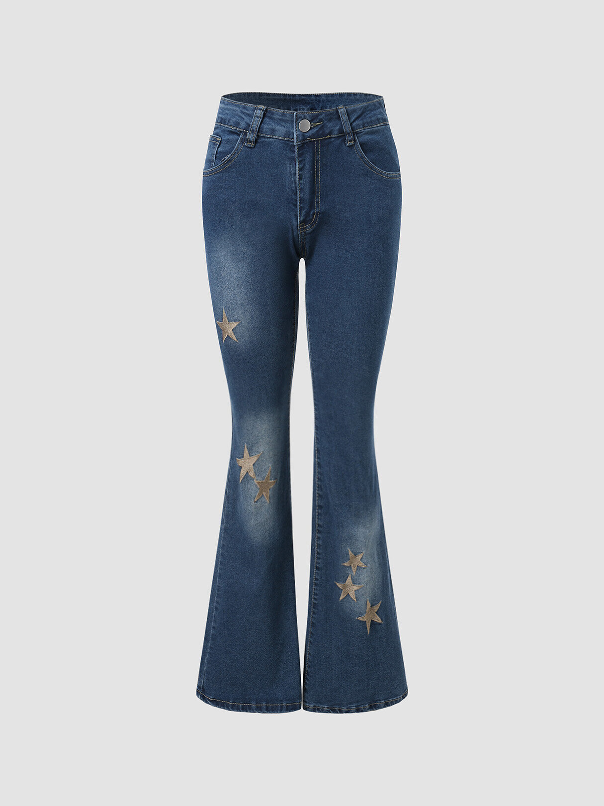 

Women Stars Embroidery Pocket Denim Flare Leg Jeans, Blue