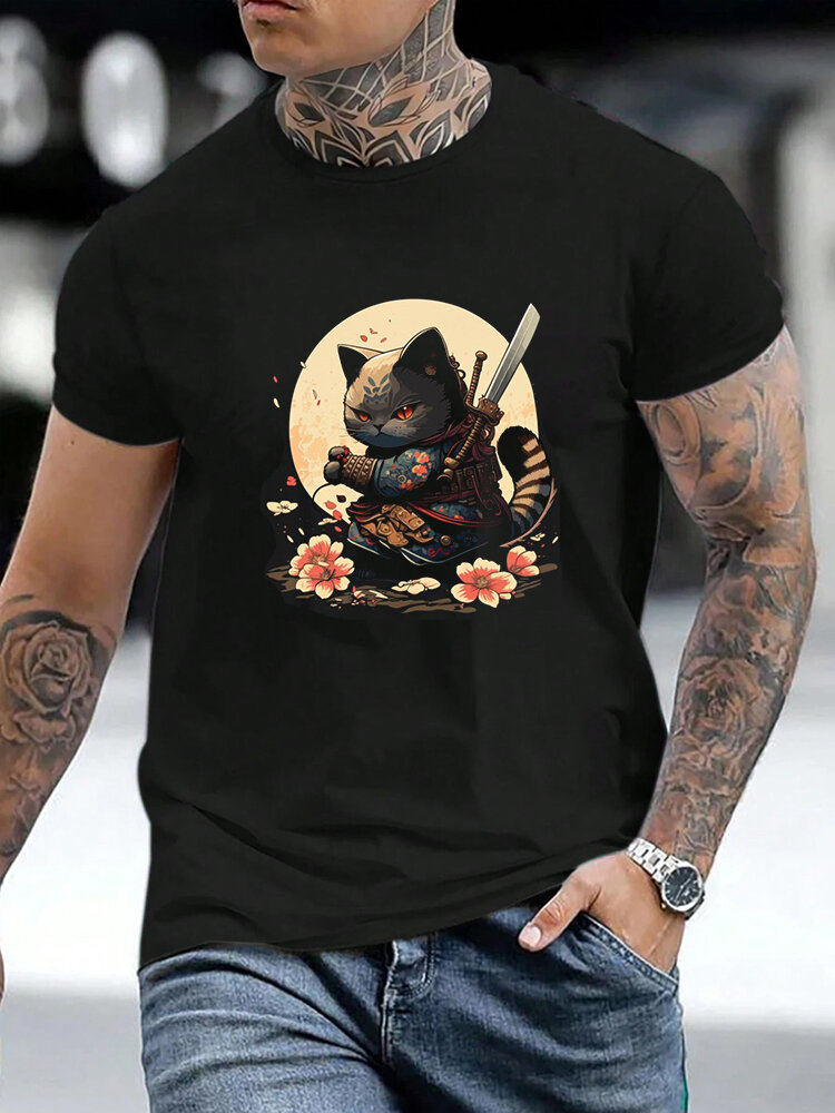 Mens Japanese Cat Floral Graphic Crew Neck Short Sleeve T-Shirts Winter