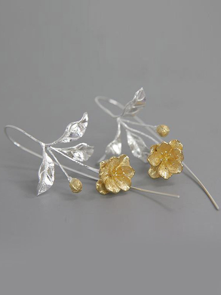 Vintage Begonia Flower Leaves Shape Platinum Plated Copper Ear Hook Earrings
