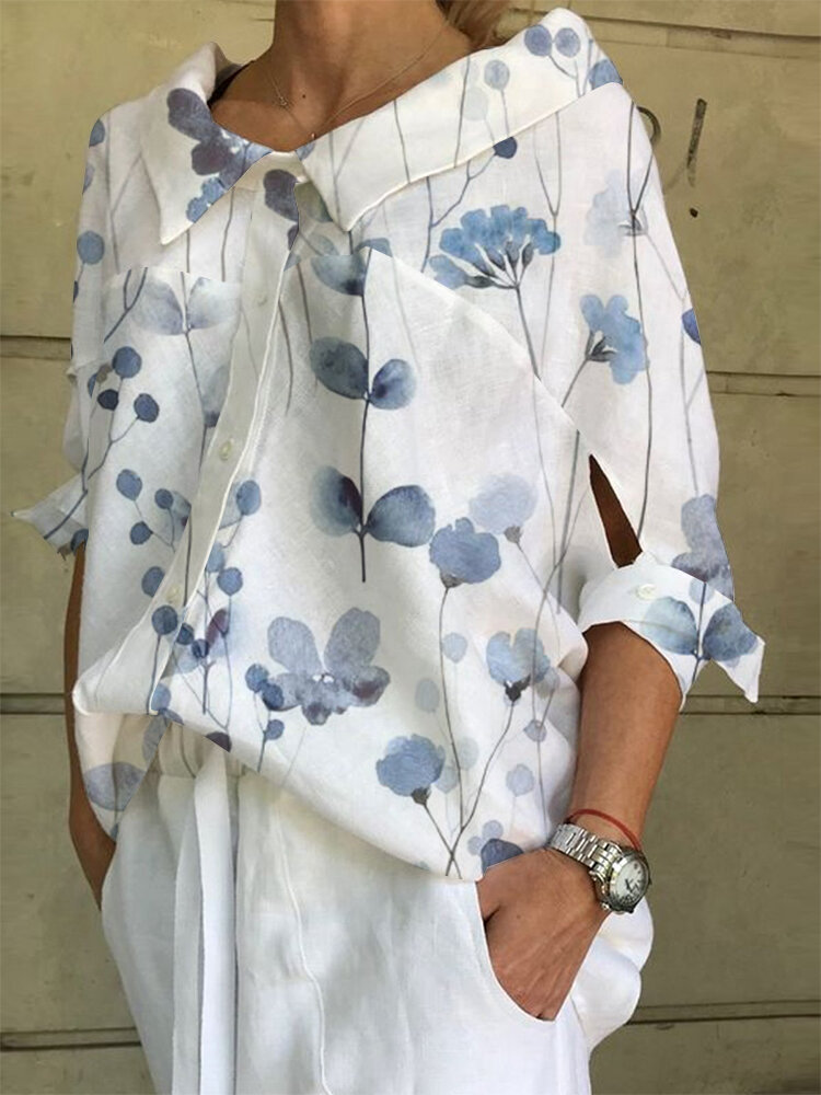 Damen-Hemd mit 3/4-Ärmeln, floralem Pflanzendruck, Reversausschnitt und Detail