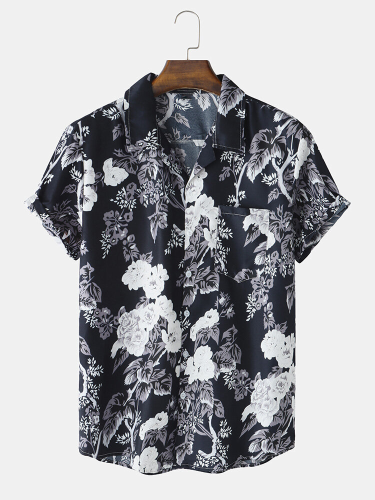 Mens Cotton Flower Plant Print Revere Collar Holiday Short Sleeve Shirts