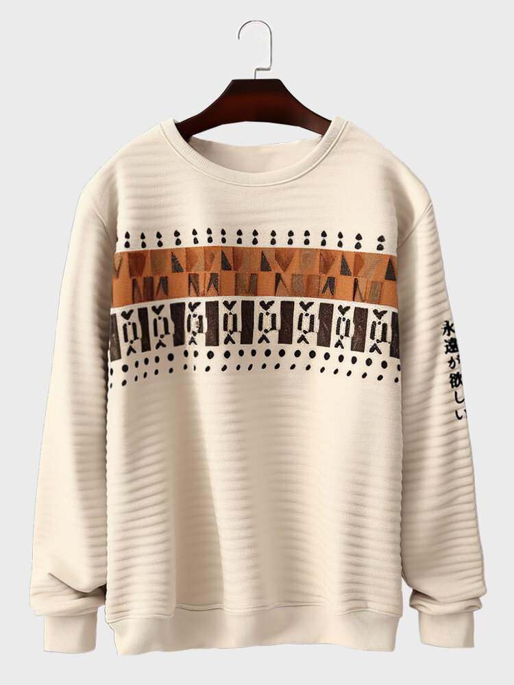 Mens Japanese Geometric Print Embroidered Crew Neck Pullover Sweatshirts Winter