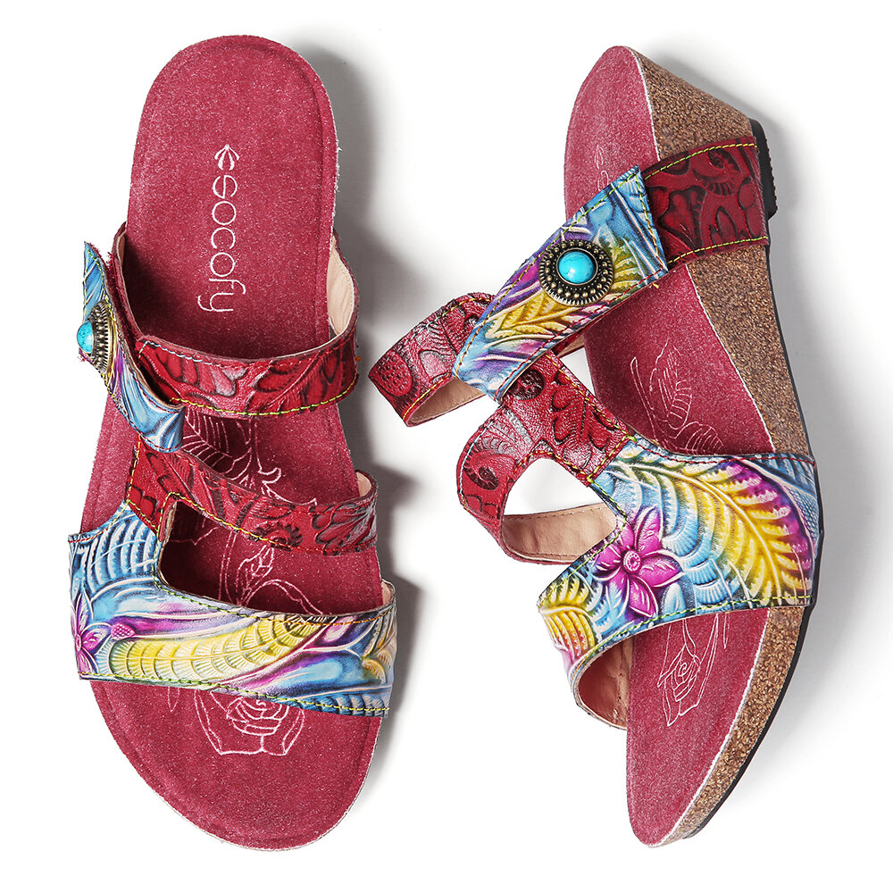 SOCOFY Leather Embossed Floral Hook Loop Strappy Stitching Slip-on Wedge Slides Sandals