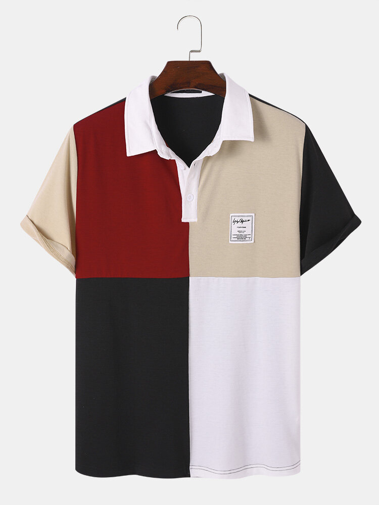 Mens Color Block Patchwork Applique Preppy Short Sleeve Golf Shirts
