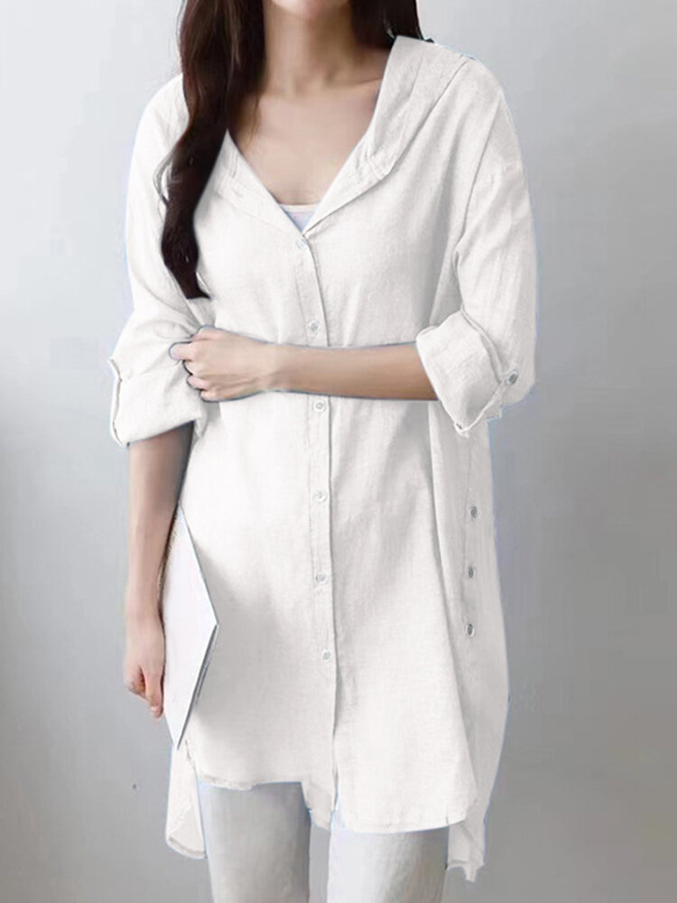 Solid Hooded Roll Tab Sleeve Button Front Blouse
