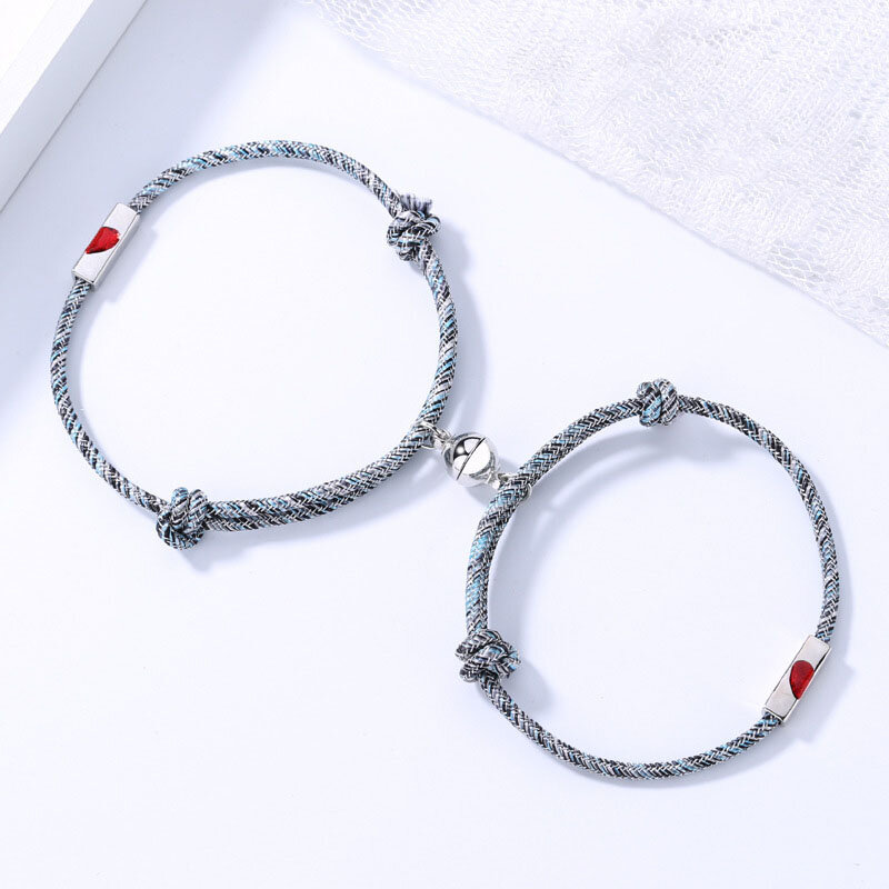 

2 Pcs Heart-Shape Couple Bracelets Set Adjustable Round Magnet Bell Braided Rope Bracelets