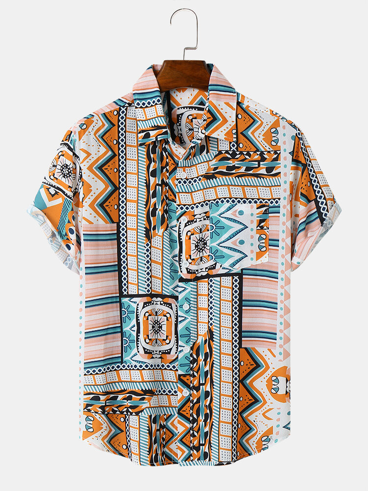 Mens All Over Colorful Geometric Print Lapel Short Sleeve Shirts