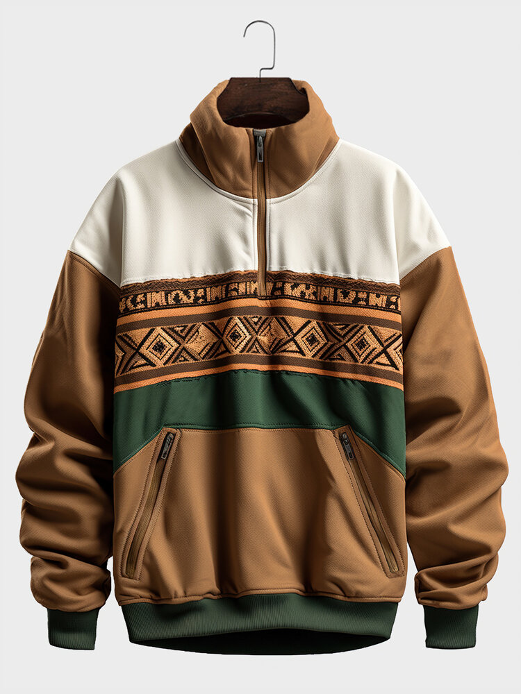 Felpe pullover con mezza zip patchwork da uomo con stampa geometrica etnica
