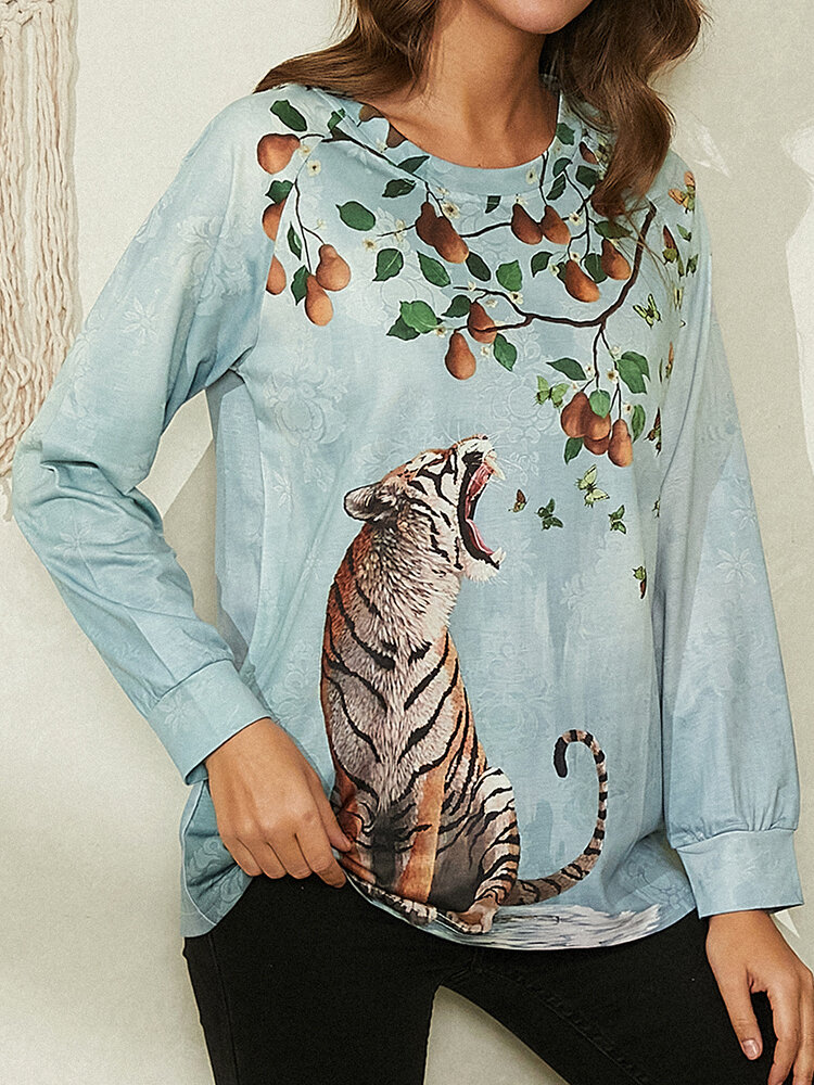 Animal Plants Print O-neck Long Sleeve Casual T-shirt For Women