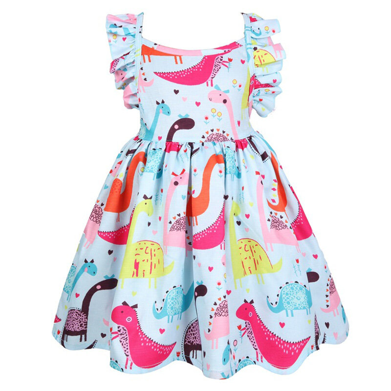 Dinosaur Pattern Girls Sleeveless Casual Dress For 3-11Years