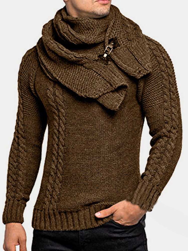 Mens Solid Color Round Neck Casual Basic Cable Knit Sweater With Scarf