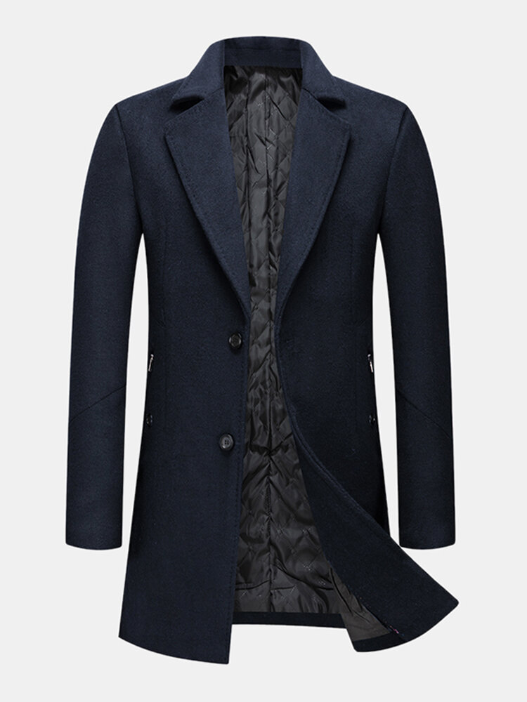 Mens Winter Warm Woolen Mid-Length Single-Breasted Thicken Lapel Overcoat