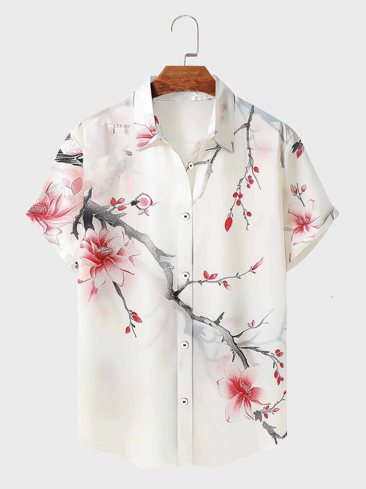 

Mens Japanese Floral Ombre Print Lapel Short Sleeve Shirts, White
