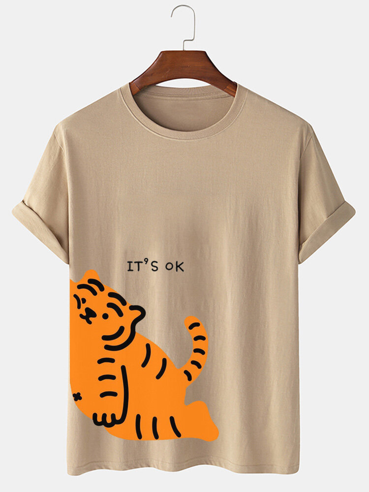 

Mens Cartoon Tiger Print Crew Neck Casual Short Sleeve T-Shirts Winter, Khaki