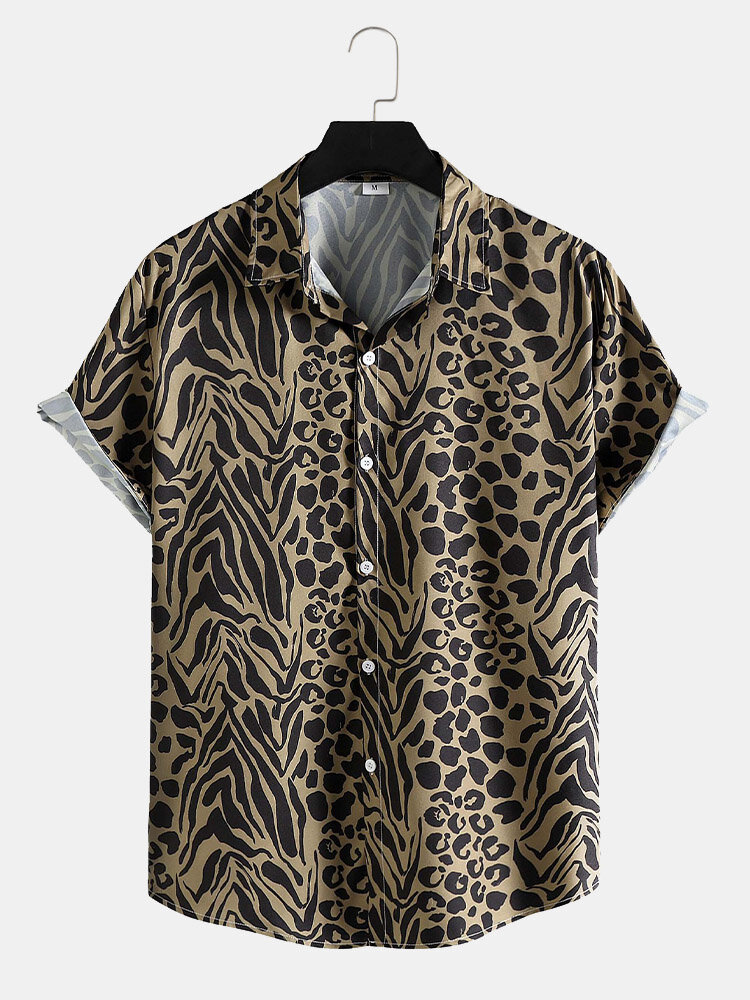 Mens Leopard & Zebra Print Lapel Street Short Sleeve Shirts