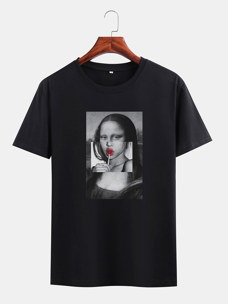 Mens Funny Kuso Mona Lisa Oil Print O-neck T-Shirts
