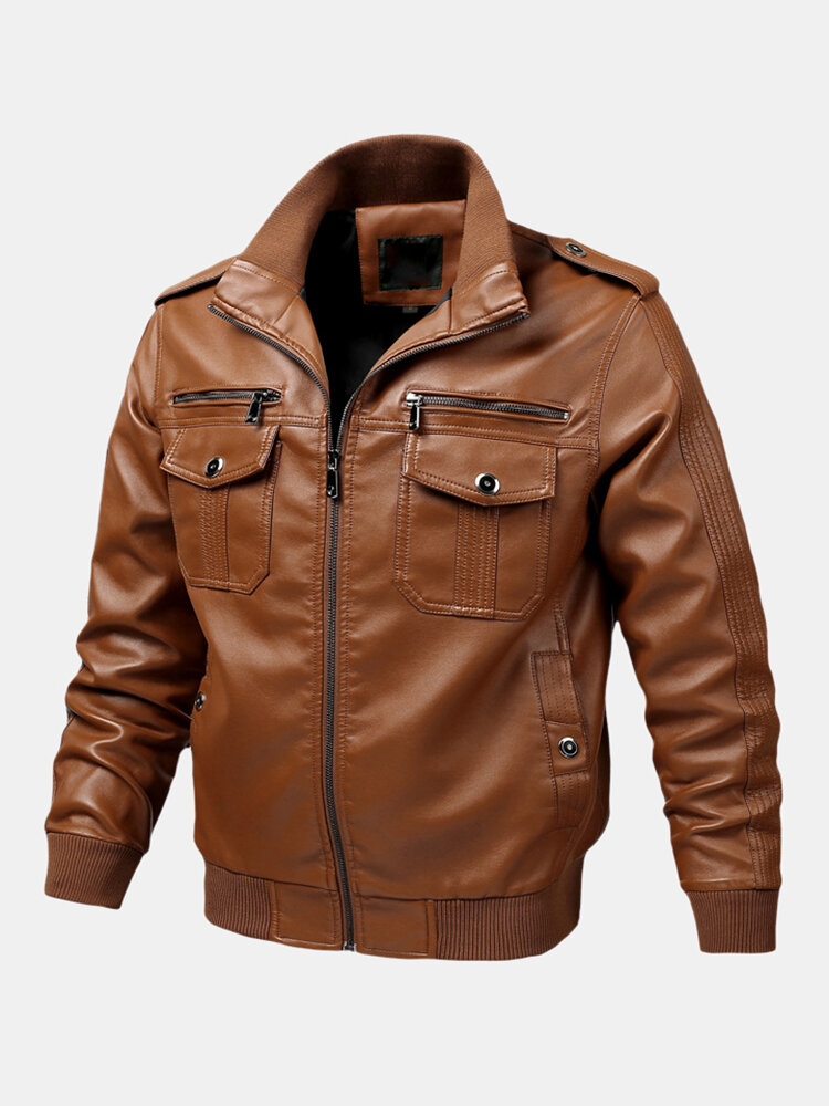 Mens Leather Fashion Jackets Multi Pockets Long Sleeve PU Leather Coats