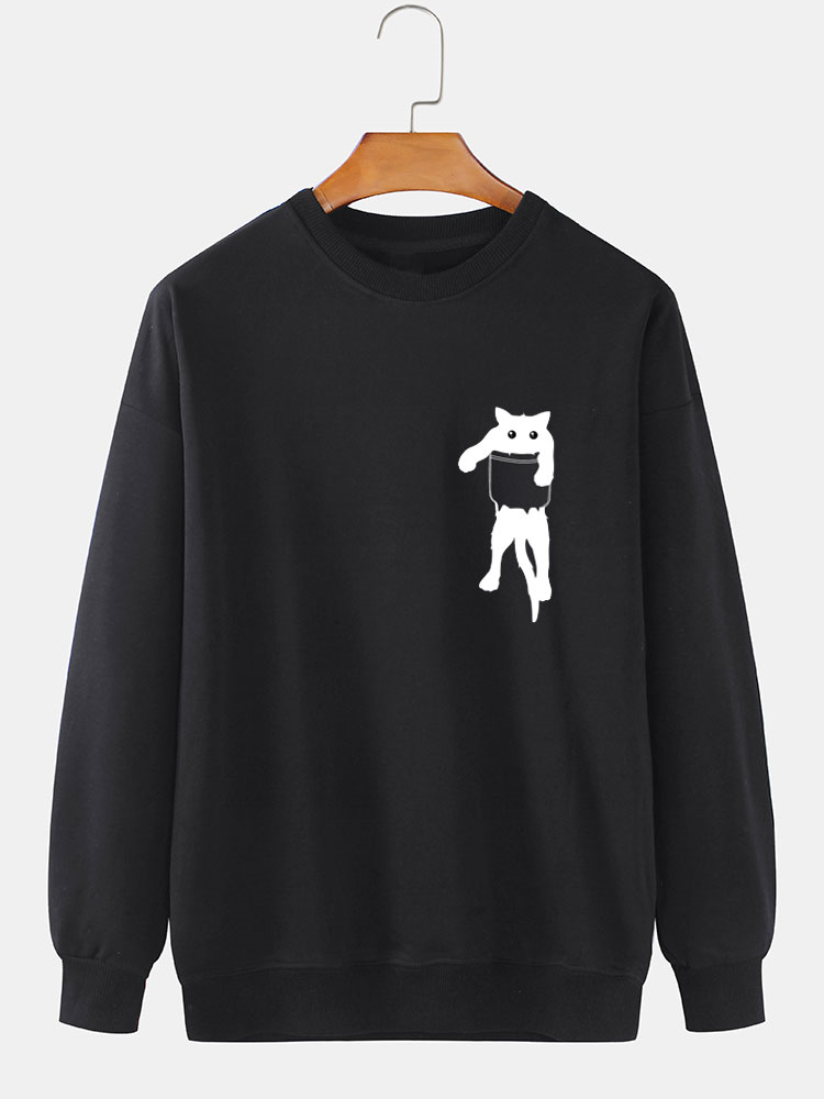 ChArmkpR Mens Cute Cat Chest Print Crew Neck Pullover Sweatshirts