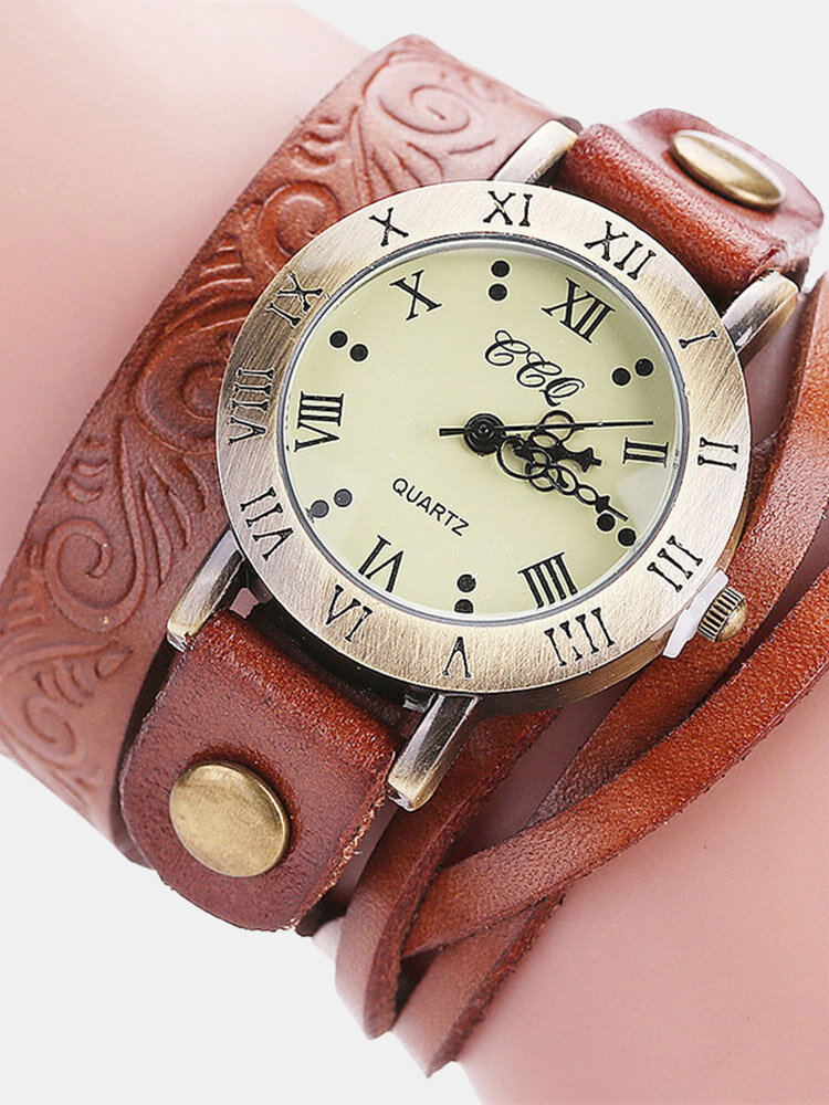 Vintage Cowhide Nicked Women Watch Roman Numeral Leather Circle Wrist Watch