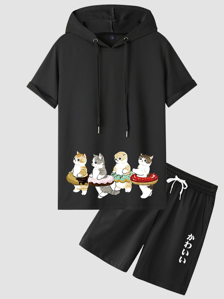 Mens Cute Cat Japanese Print Cotton Hooded Two Pieces Outfits