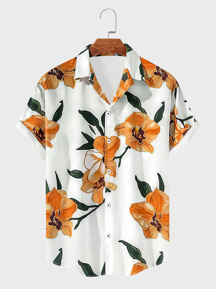 Camisas masculinas de manga curta com estampa floral allover com botões para férias