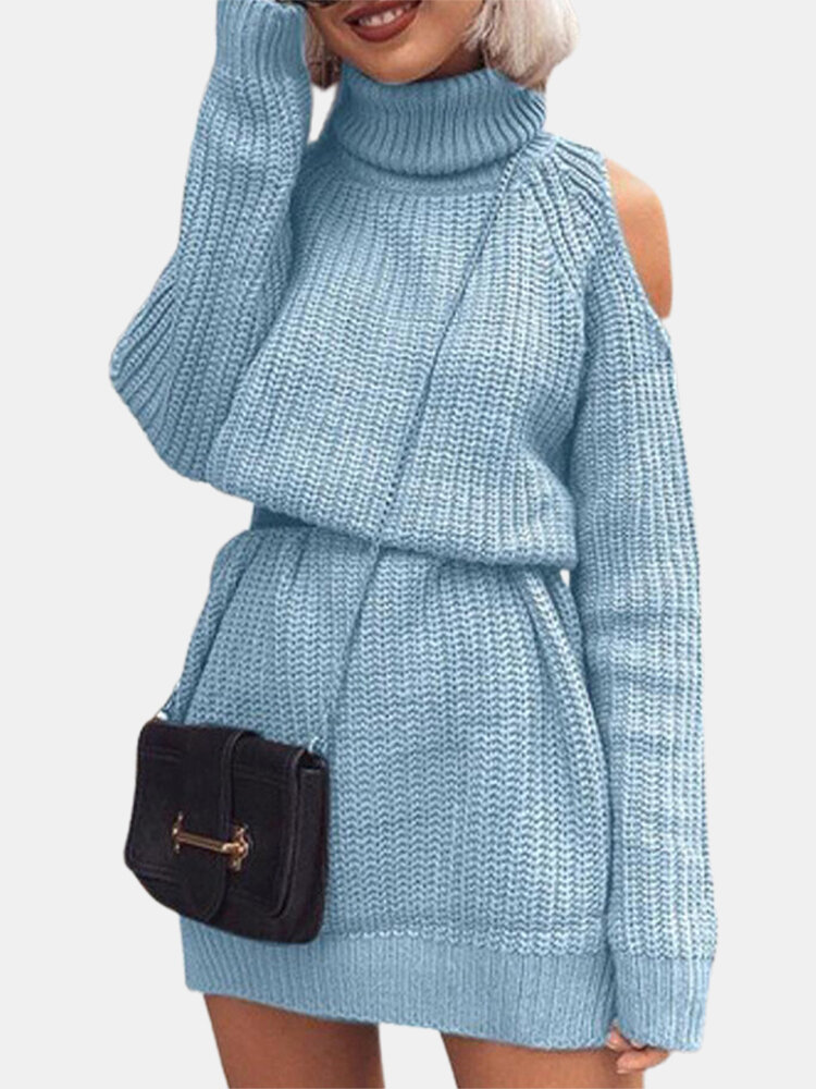 Cold Shoulder Solid Color Long Sleeve Turtleneck Casual Sweater Dress For Women