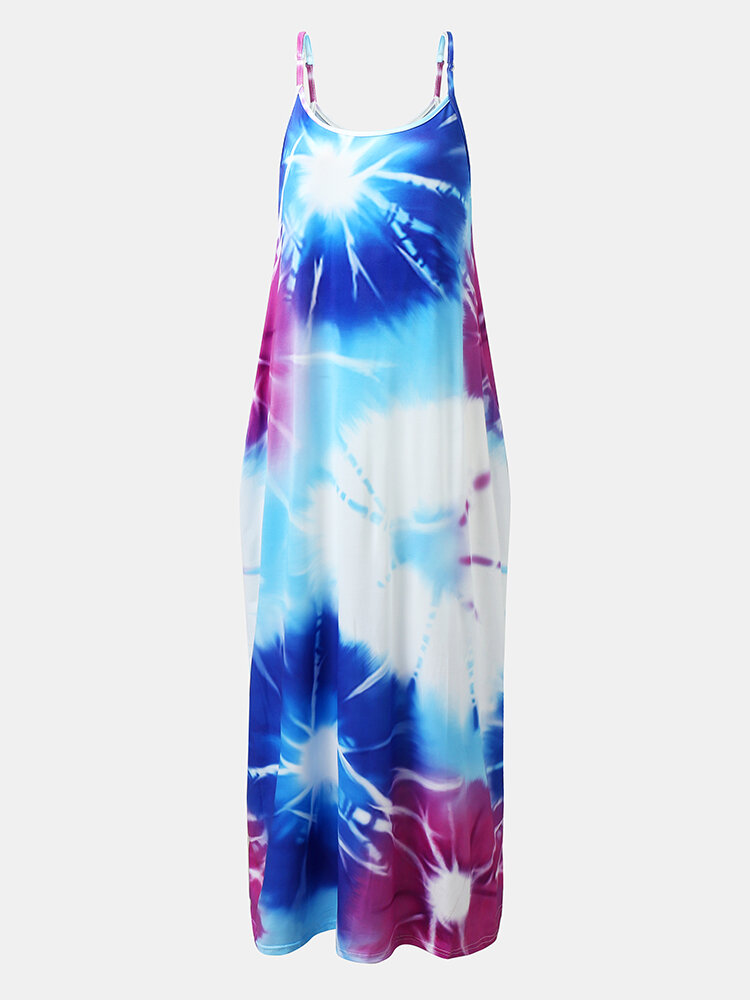 Adjustable Shoulder Strap Tie Dye Pocket Maxi Dress