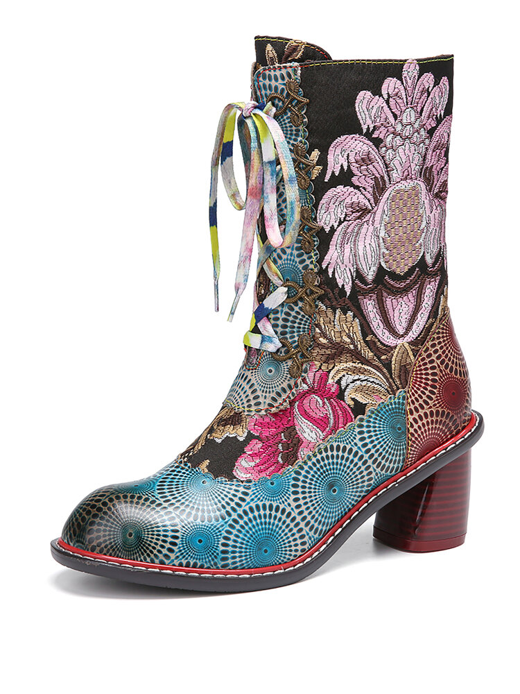 SOCOFY Grace Blumenstickerei Leder Spleißen Warm gefütterter seitlicher Reißverschluss Colorful Schnürung Mitte der Wade Stiefel