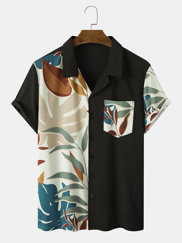 Mens Tropical Leaf Print Patchwork Holiday Short Sleeve Shirts