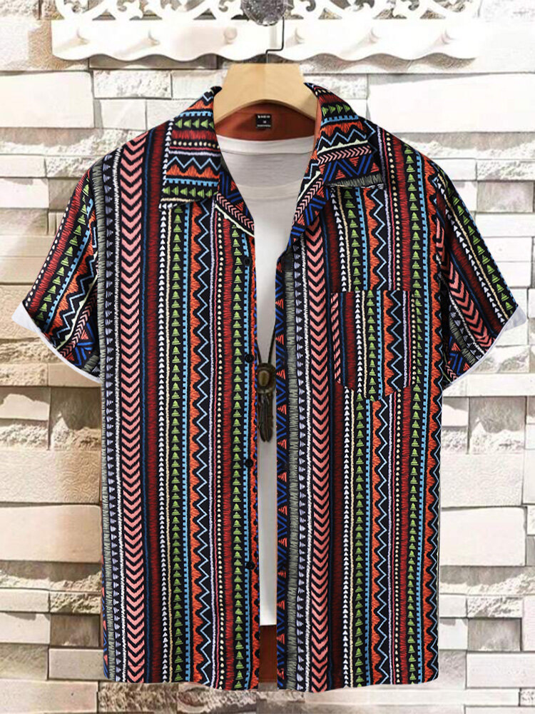 Mens Colorful Ethnic Geometric Pattern Revere Collar Short Sleeve Shirts