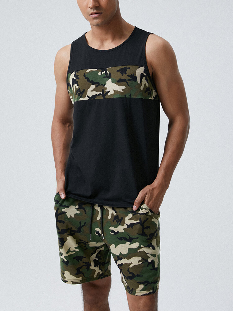 Mens Camo Panel Crew Neck Sleeveless Tanks Two Pieces Outfits